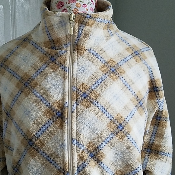 PACER 1X Sweatshirt Zip Up Fleece Women Tan, Blue & Cream Window Pane Plaid - Picture 6 of 11